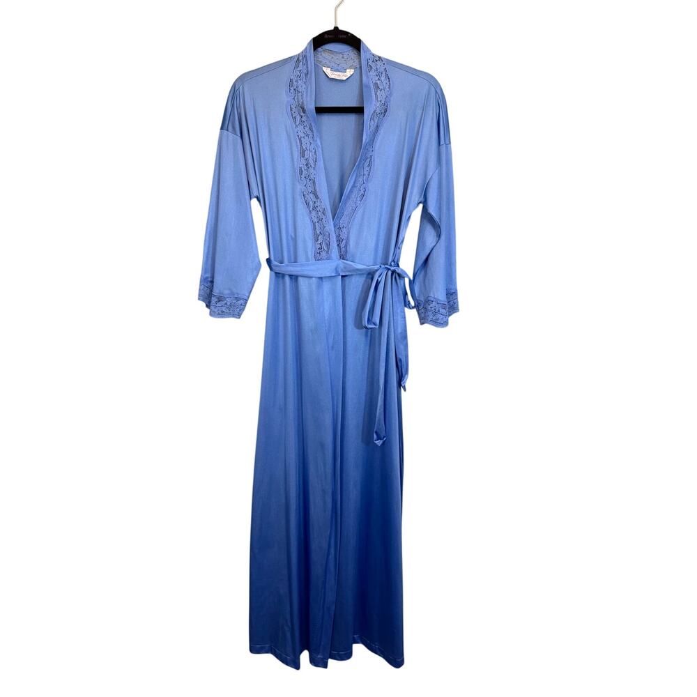 Vintage 70s Vanity Fair Nightgown Robe Womens S Blue Lace Belted Nightwear USA